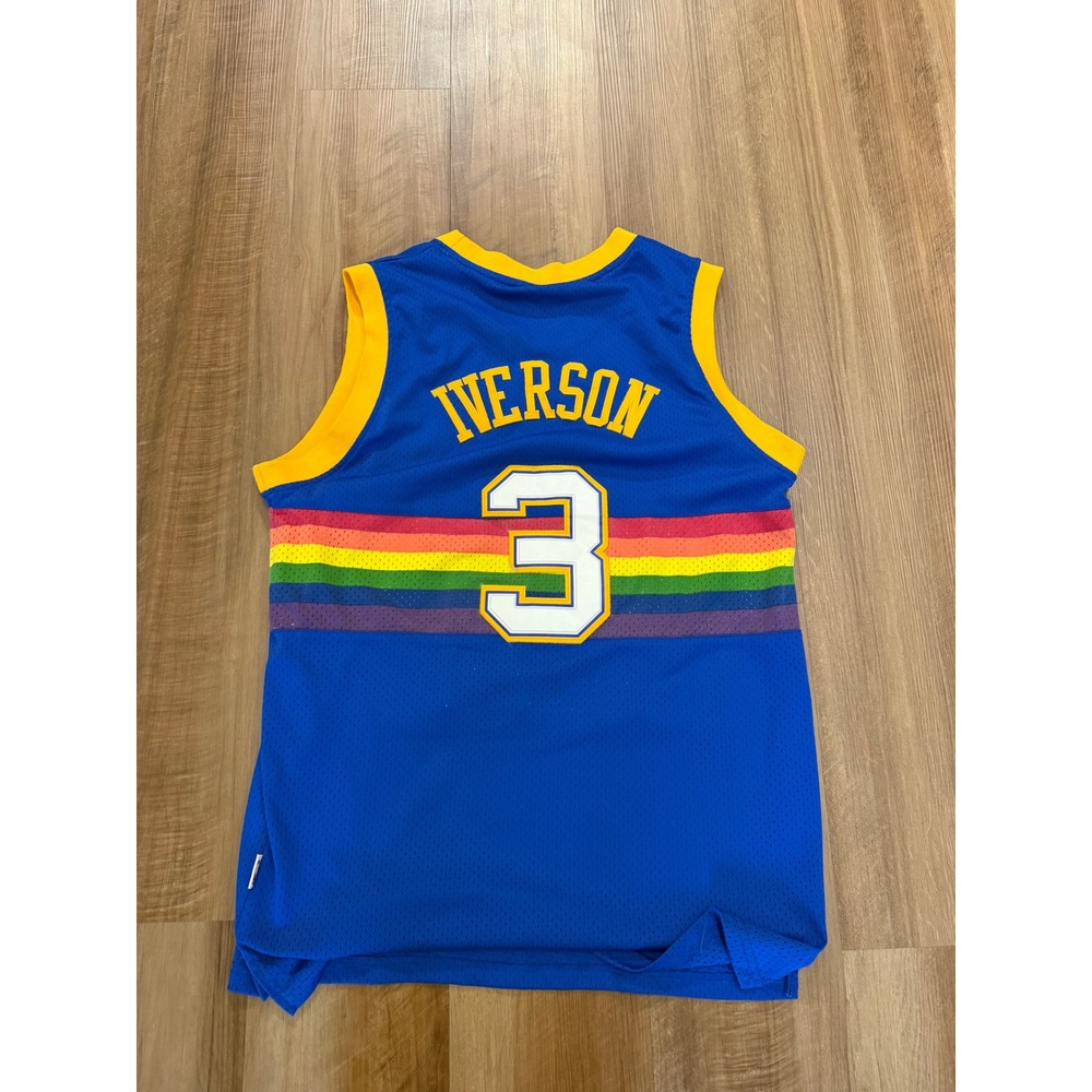 Adidas Basketball Jersey Mens L Blue Denver Nuggets Allen Iverson Rainbow Retro - Picture 2 of 5